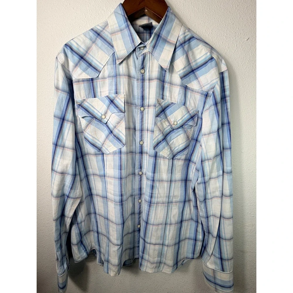 True Religion Mens Western Shirt Blue XXL Plaid Pearl Snap Long Sleeve Cotton